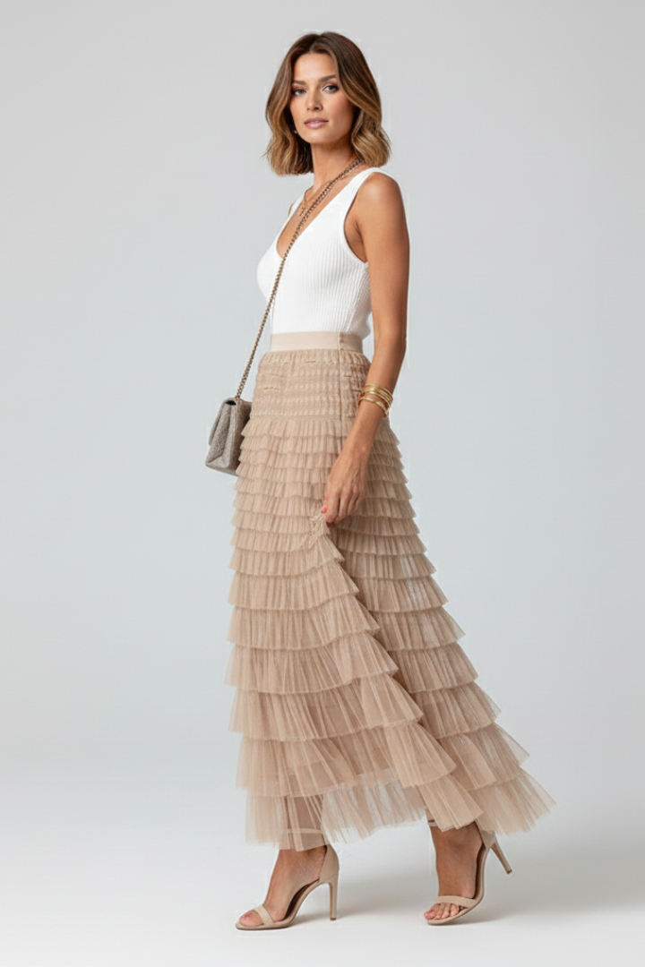 Women’s Midi Tulle Skirt with Layered Design and Elastic Waist