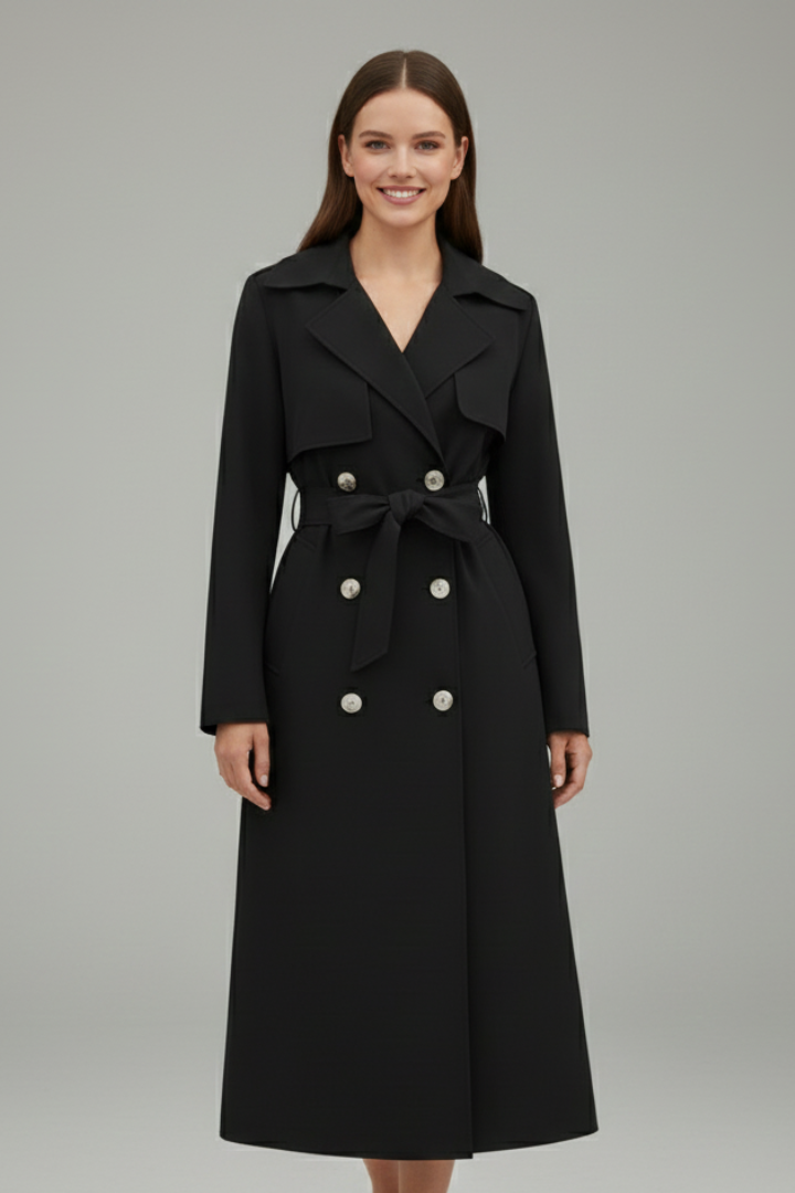 Women Long Trench Coat with Belt and Buttons