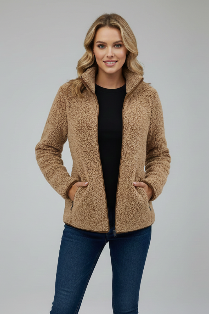 Women's Fleece Jacket with Stand-Up Collar and Zip Fastening