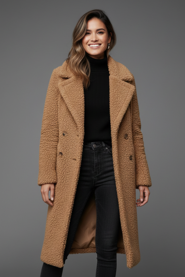 Camila | Women’s Long Textured Coat with Lapel Collar