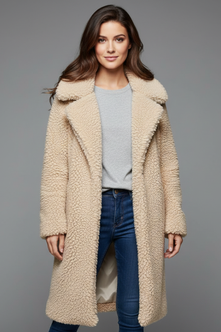 Camila | Women’s Long Textured Coat with Lapel Collar