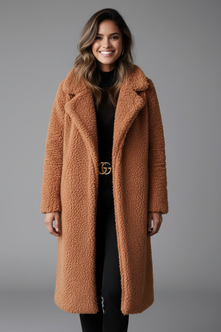 Camila | Women’s Long Textured Coat with Lapel Collar