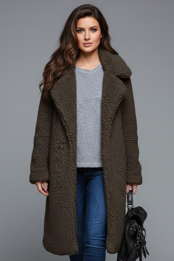 Camila | Women’s Long Textured Coat with Lapel Collar