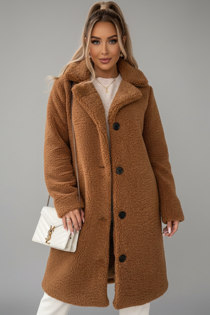 Women's Long Coat with Wide Collar and Button Fastening