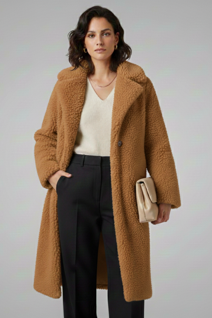 Evelyn | Women’s Long Fleece Coat with Wide Collar