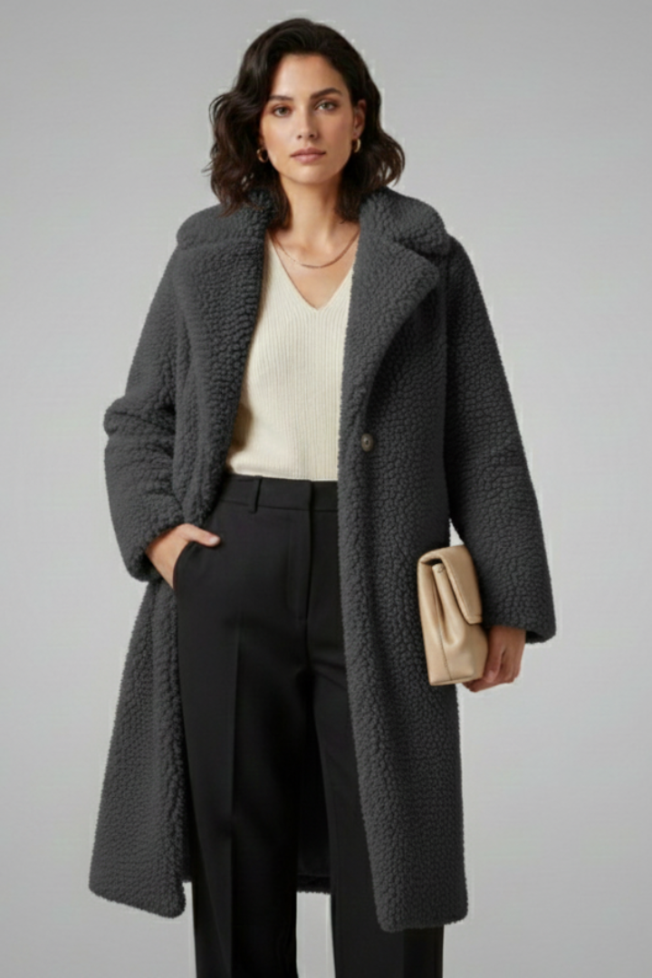 Evelyn | Women’s Long Fleece Coat with Wide Collar