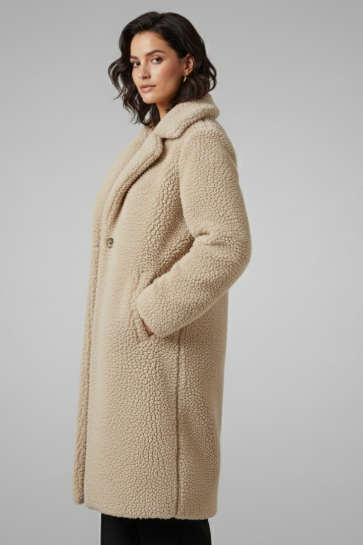 Evelyn | Women’s Long Fleece Coat with Wide Collar