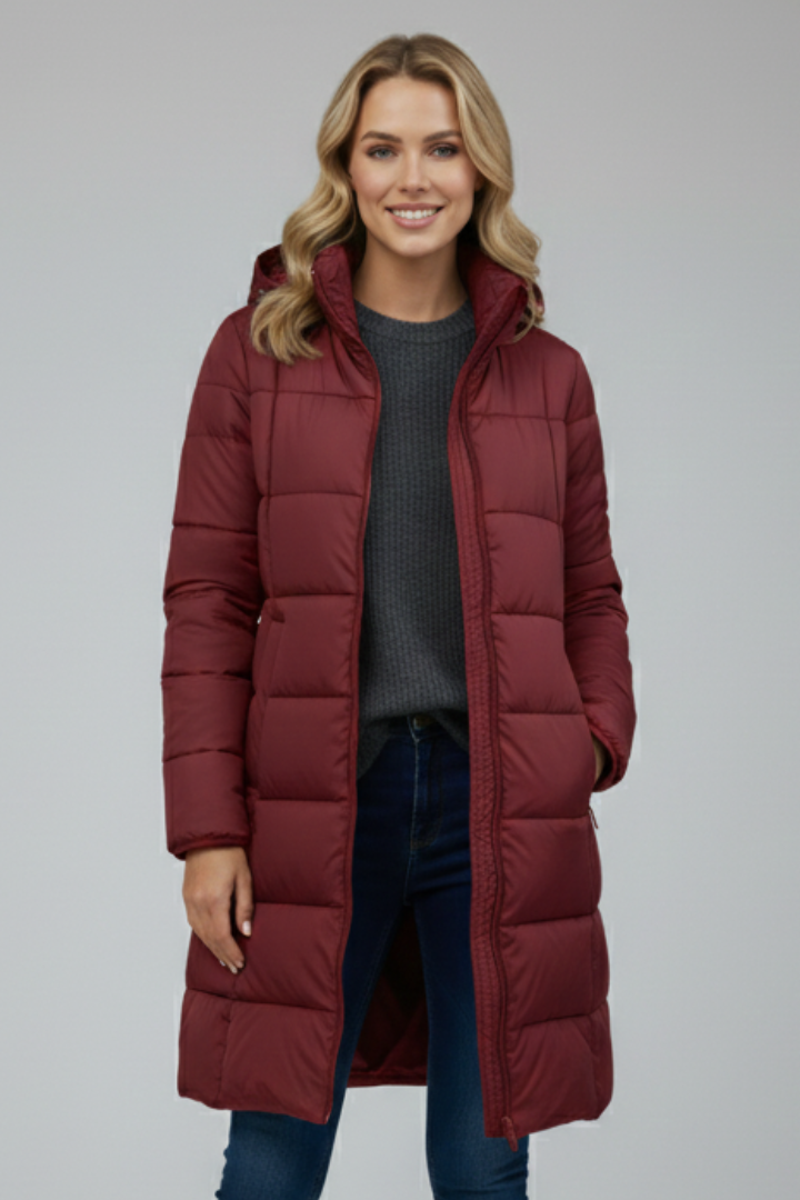 Women's Long Puffer Jacket with Hood and Front Zip Fastening