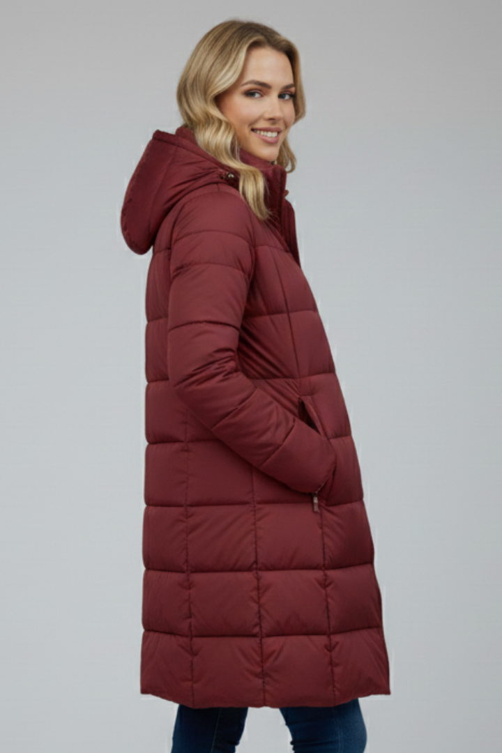 Women's Long Puffer Jacket with Hood and Front Zip Fastening