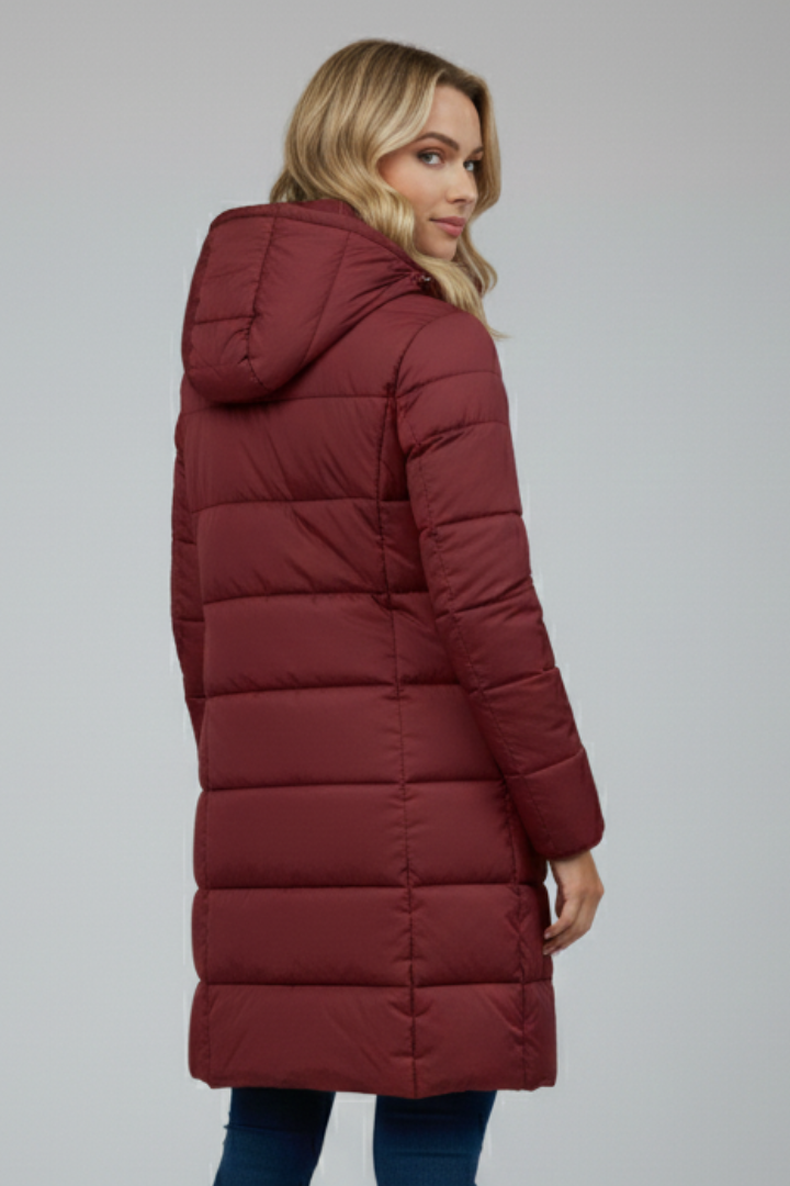 Women's Long Puffer Jacket with Hood and Front Zip Fastening