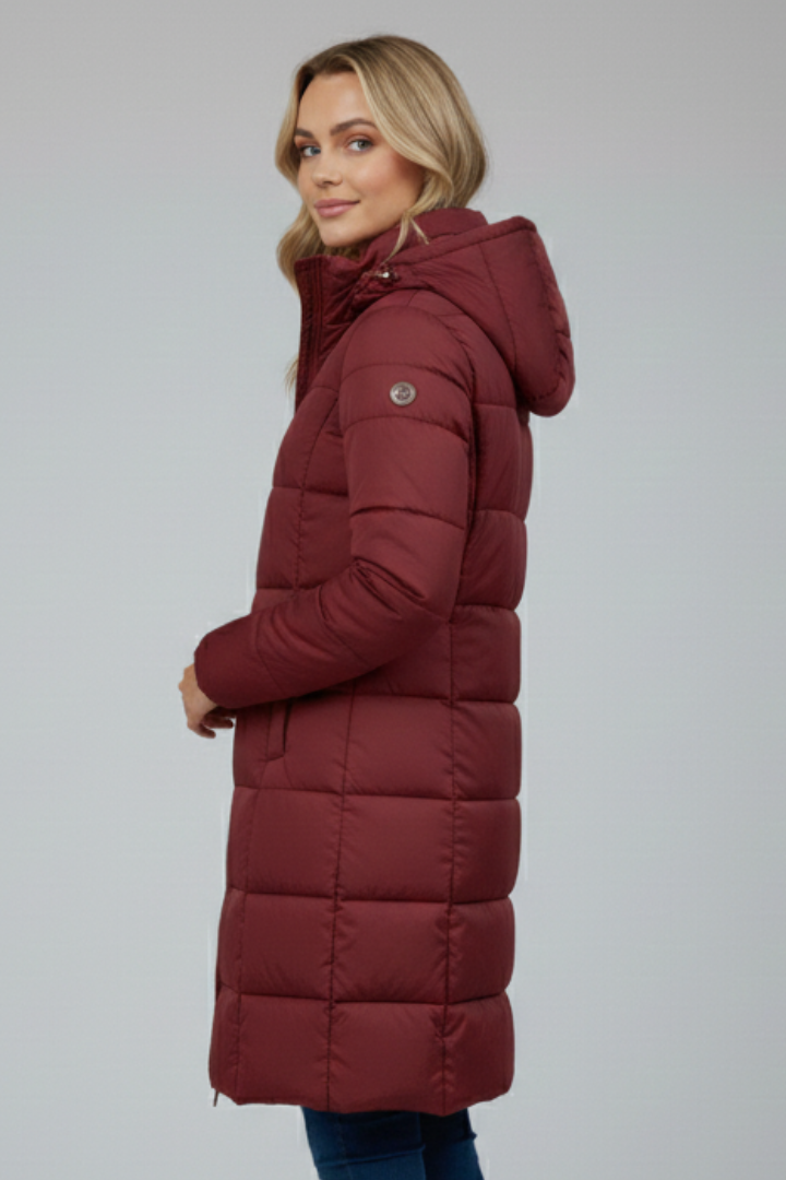 Women's Long Puffer Jacket with Hood and Front Zip Fastening
