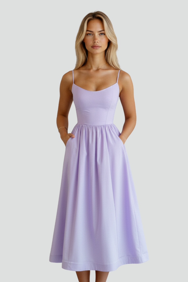 Women’s Midi Dress with Spaghetti Straps and Fitted Bodice