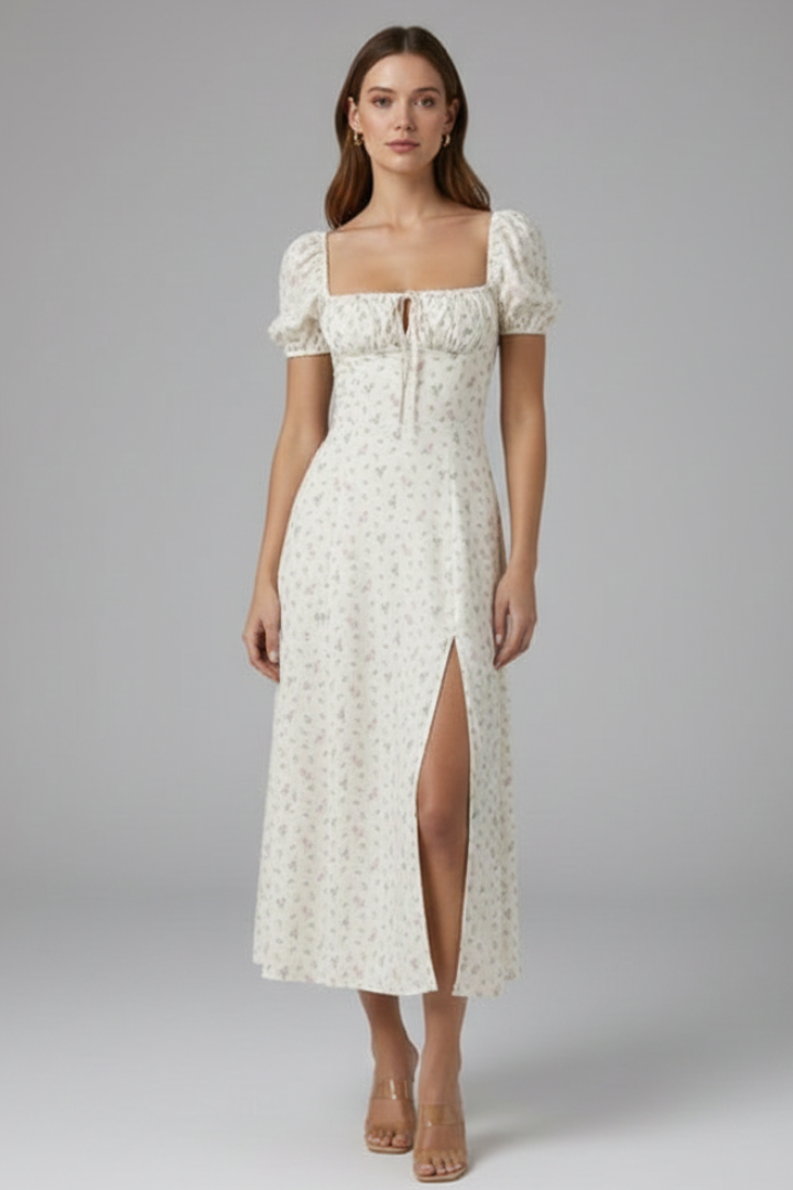 Women’s Midi Dress with Square Neckline and Puff Sleeves