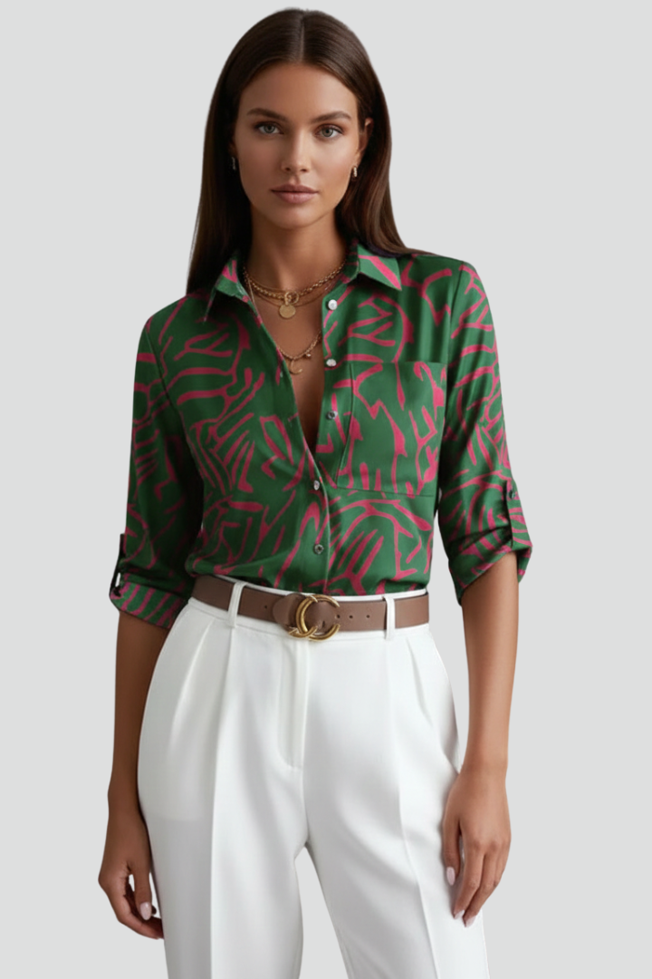 Women’s Printed Shirt with Collar and Button Front