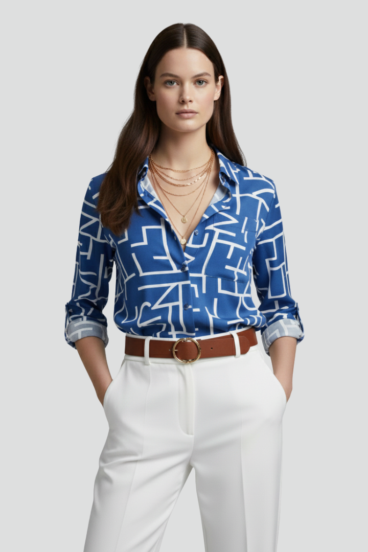 Women’s Printed Shirt with Collar and Button Front