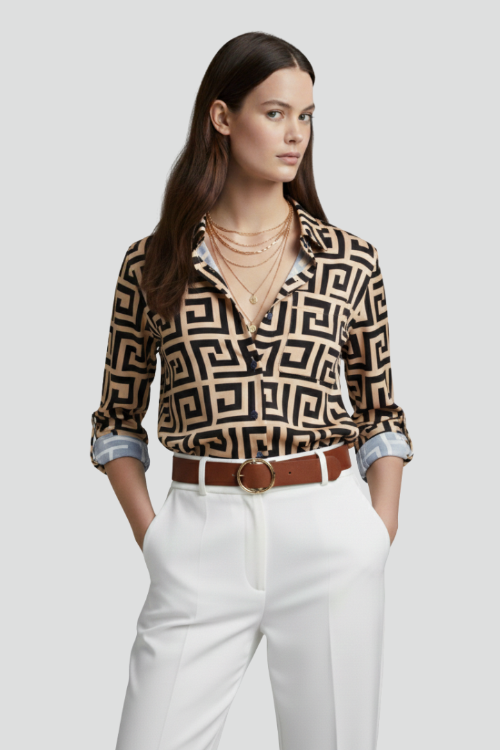 Women’s Printed Shirt with Collar and Button Front