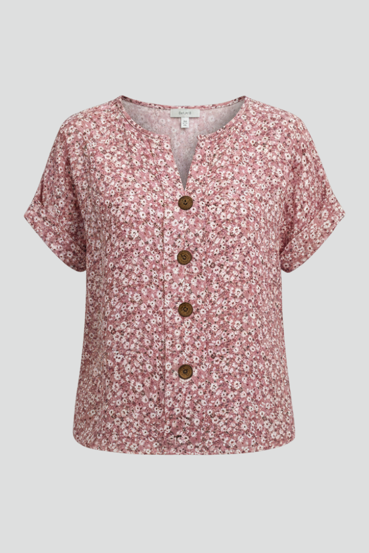 Women’s Short-Sleeved Blouse with Buttons and Printed Surface