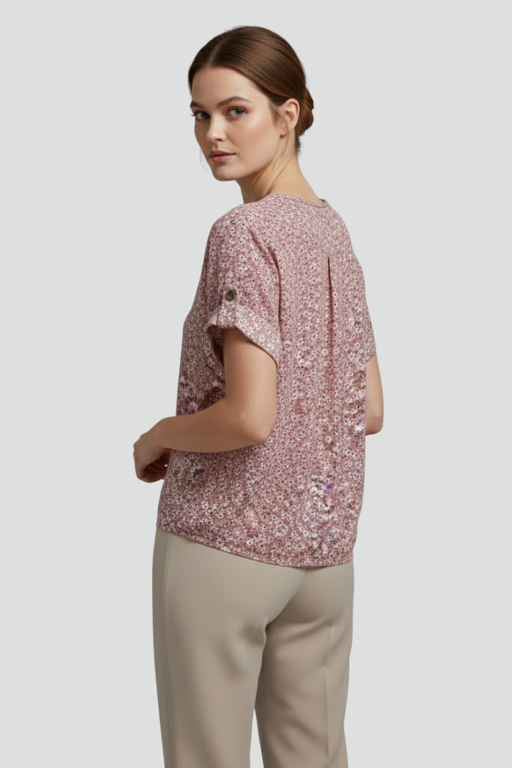 Women’s Short-Sleeved Blouse with Buttons and Printed Surface