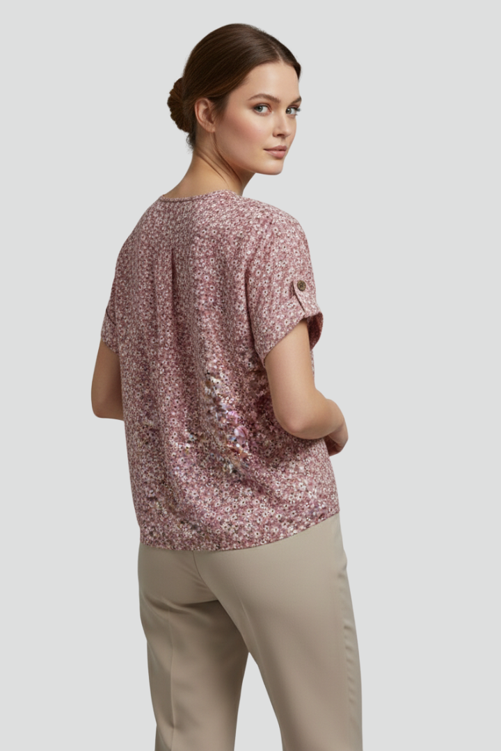 Women’s Short-Sleeved Blouse with Buttons and Printed Surface