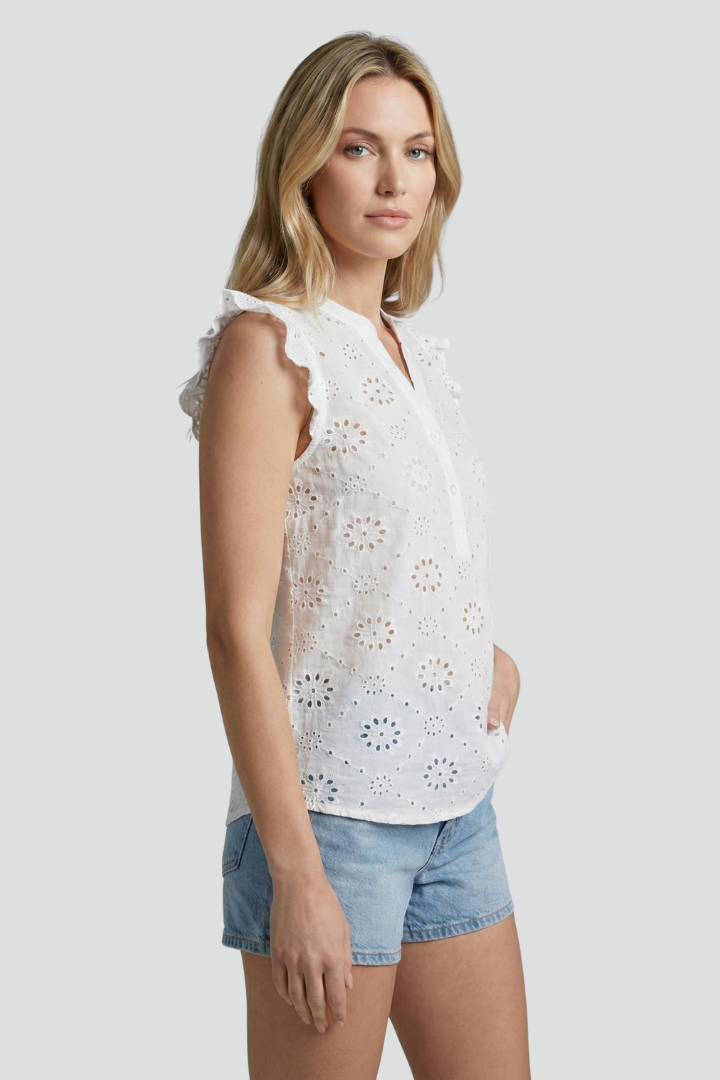 Women’s Sleeveless Blouse with Ruffle Shoulders and Button Front