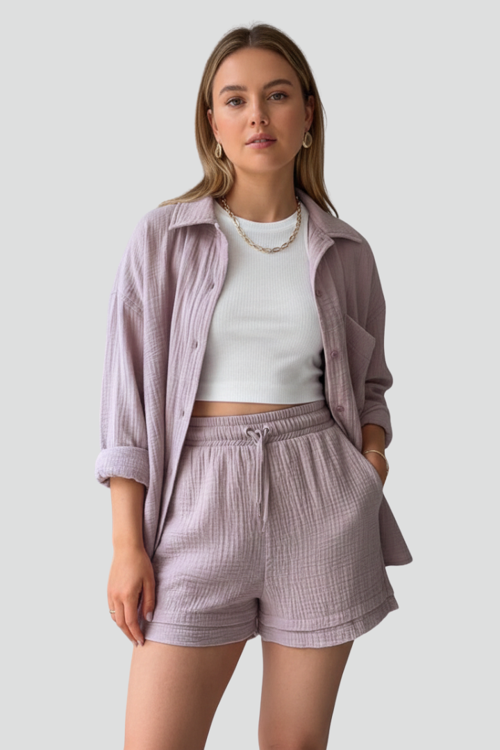 Palia | Women’s 2-Piece Set – Button Shirt & Drawstring Shorts