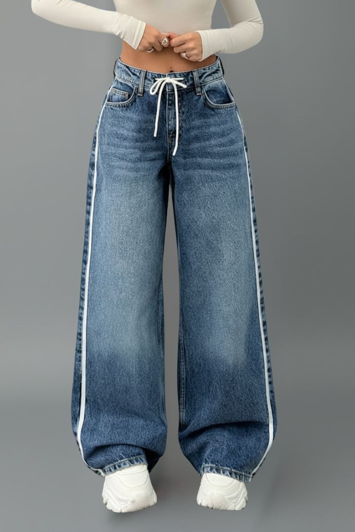 Women’s Wide-Leg Jeans with Drawstring Waist and Side Stripe