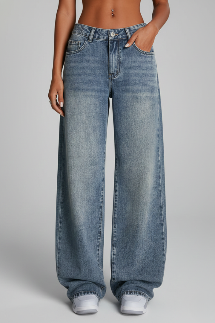 Oriana | Women's Wide Leg Denim Jeans – High Rise Button Zip Pants