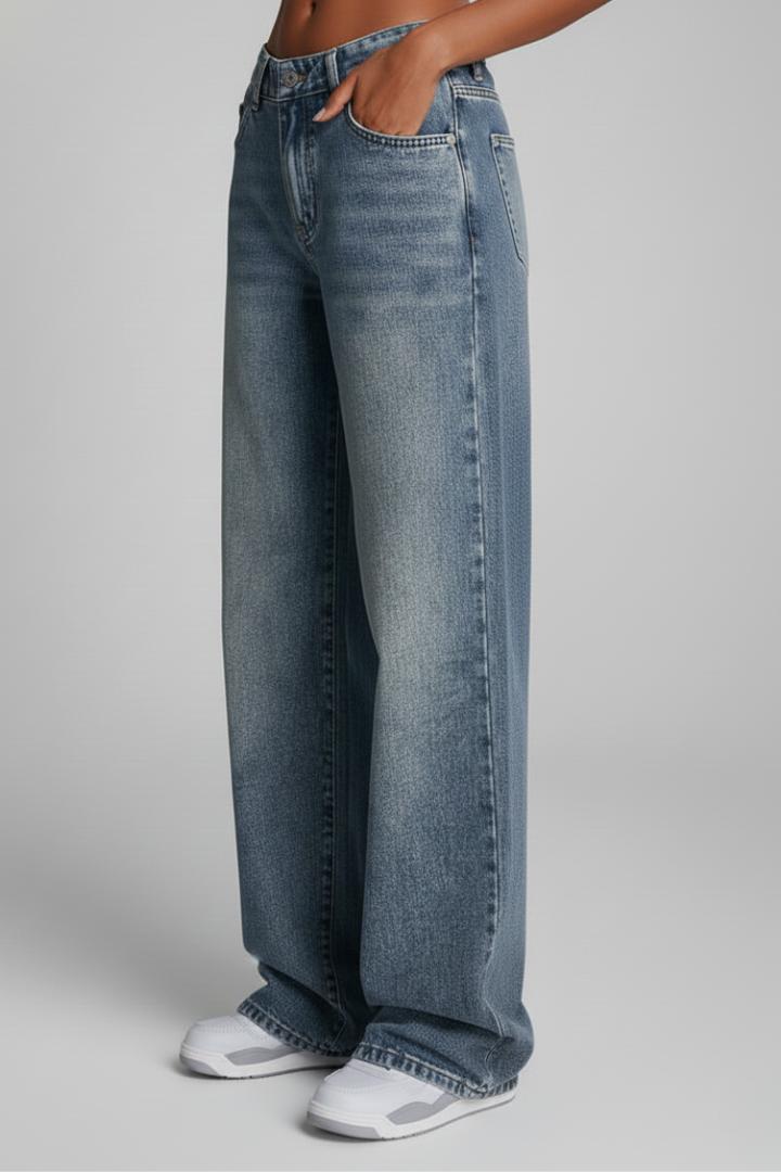 Oriana | Women's Wide Leg Denim Jeans – High Rise Button Zip Pants
