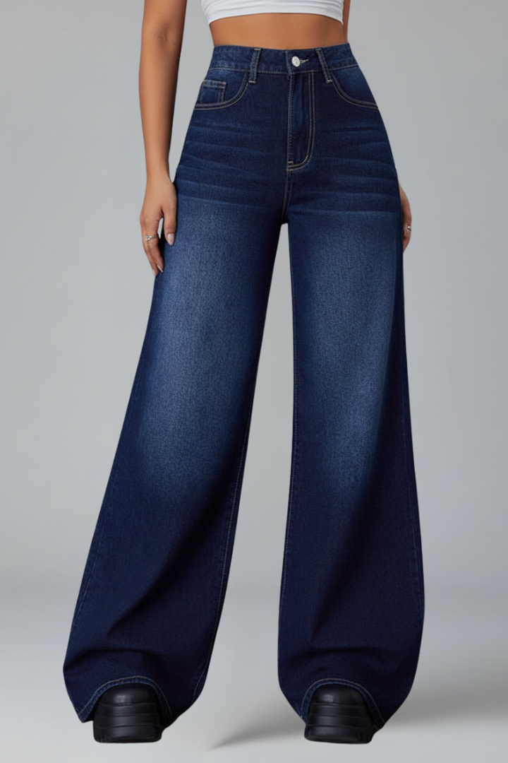 Women’s Wide-Leg Jeans with Mid Rise and Button Closure