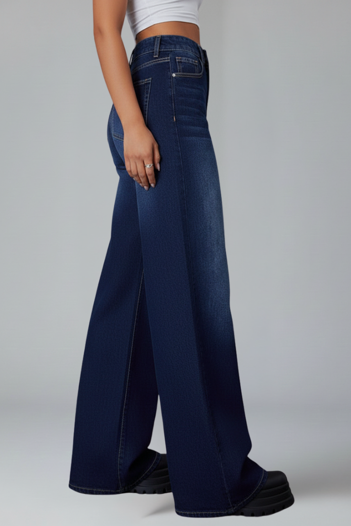 Women’s Wide-Leg Jeans with Mid Rise and Button Closure