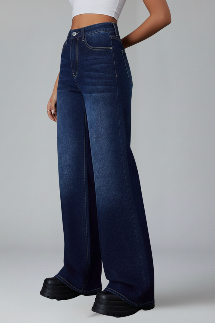 Women’s Wide-Leg Jeans with Mid Rise and Button Closure