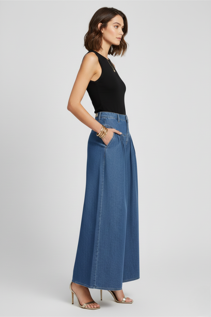 Women’s Wide-Leg Jeans with Washed Surface and Zipper Closure