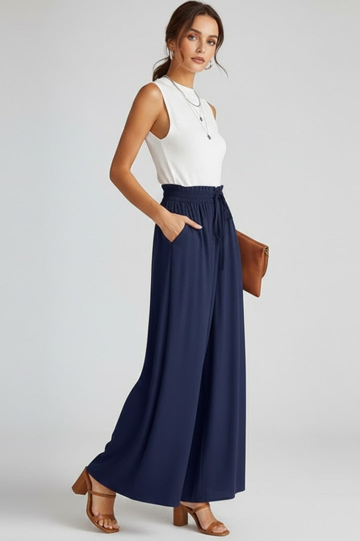 Women’s Wide Leg Pants with High Waist and Drawstring Pockets