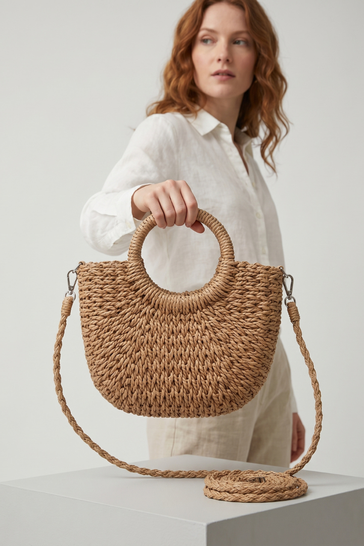 WovenCharm | Woven Rattan Shoulder Bag for Women – Boho Handbag with Detachable Strap