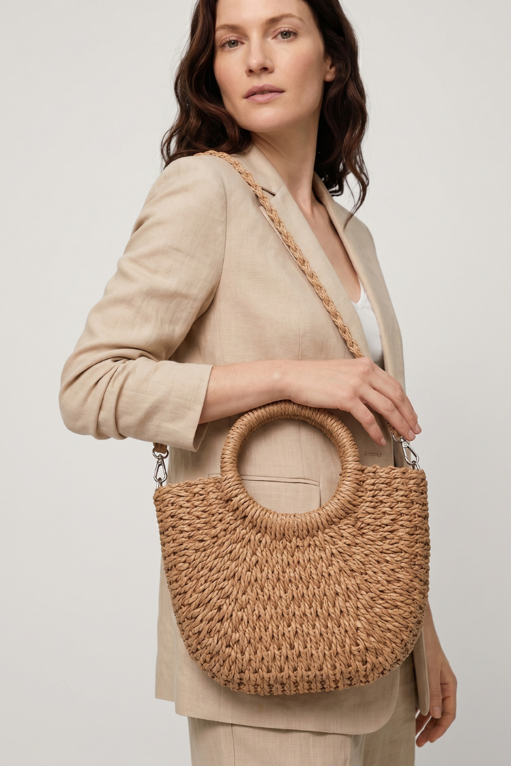 WovenCharm | Woven Rattan Shoulder Bag for Women – Boho Handbag with Detachable Strap