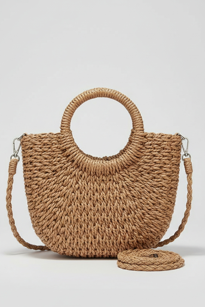 WovenCharm | Woven Rattan Shoulder Bag for Women – Boho Handbag with Detachable Strap