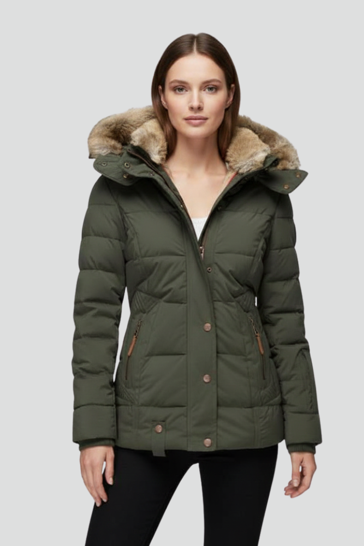 Xylia | Women’s Hooded Puffer Jacket – Padded Quilted Design, Zip & Snap Closure