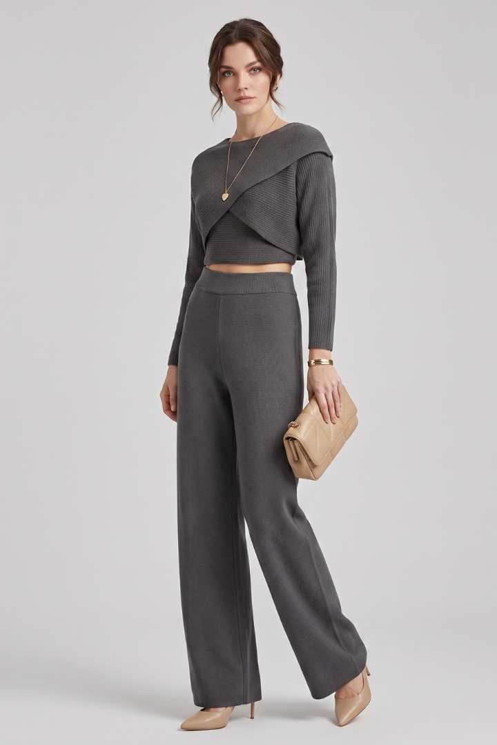 Yasmin | Women's Knit 3-Piece Outfit Set – Cardigan, Top & Wide-Leg Trousers