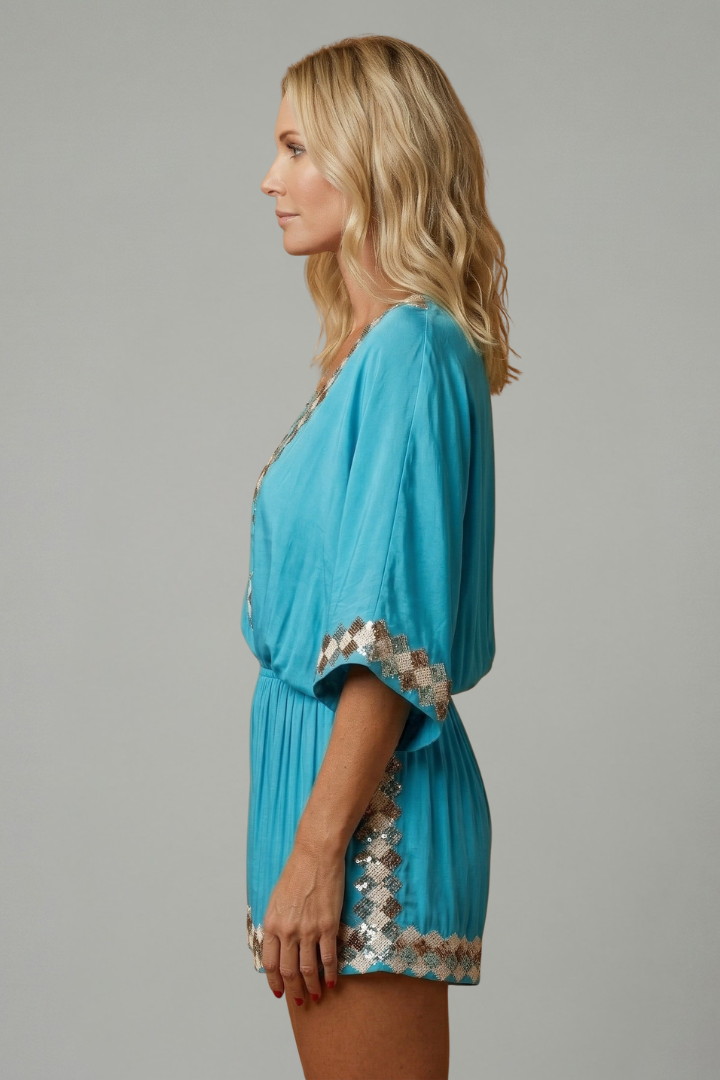 Yasmine | Women's Wide Leg Romper – V-Neck Short Sleeve Jumpsuit with Relaxed Fit