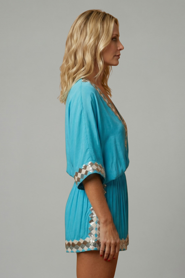 Yasmine | Women's Wide Leg Romper – V-Neck Short Sleeve Jumpsuit with Relaxed Fit