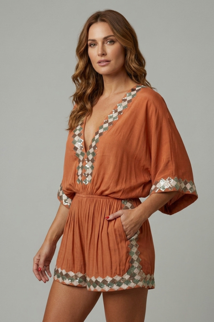 Yasmine | Women's Wide Leg Romper – V-Neck Short Sleeve Jumpsuit with Relaxed Fit