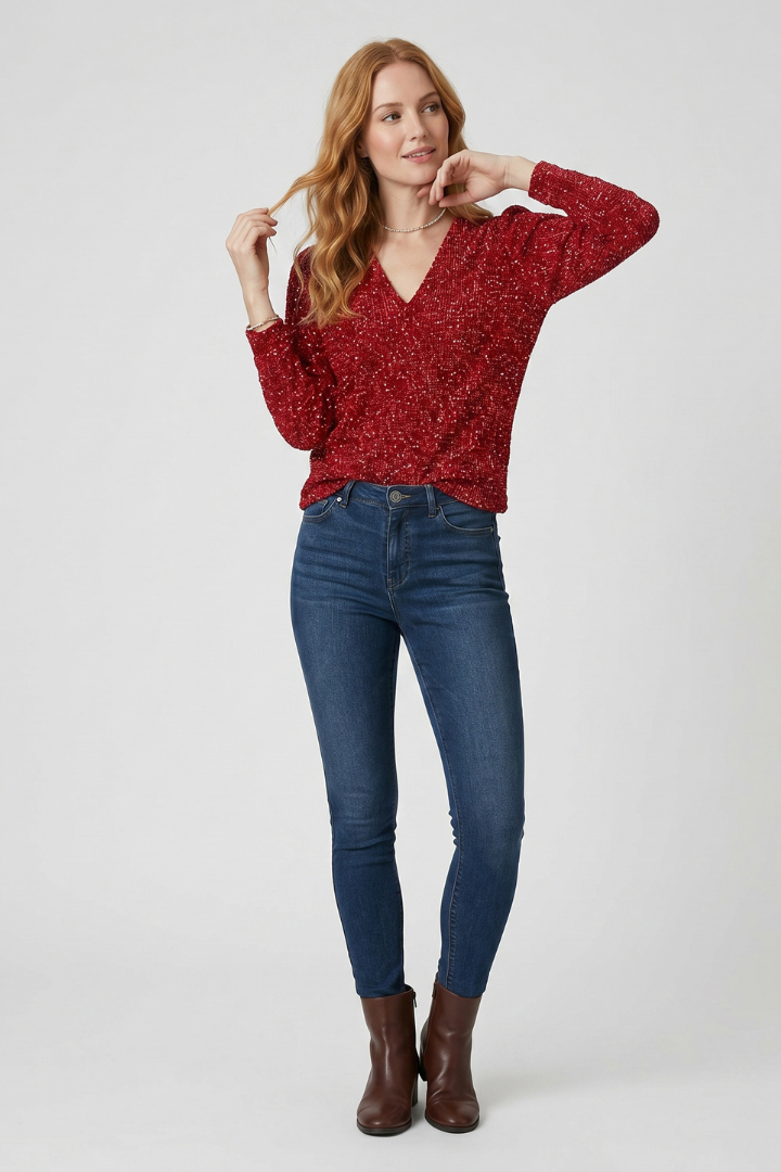 Ylva | Women’s Shimmer Textured V-Neck Long Sleeve Top - Loose Fit Elegant Casual Blouse