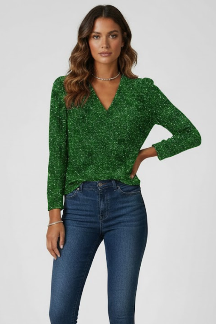 Ylva | Women’s Shimmer Textured V-Neck Long Sleeve Top - Loose Fit Elegant Casual Blouse