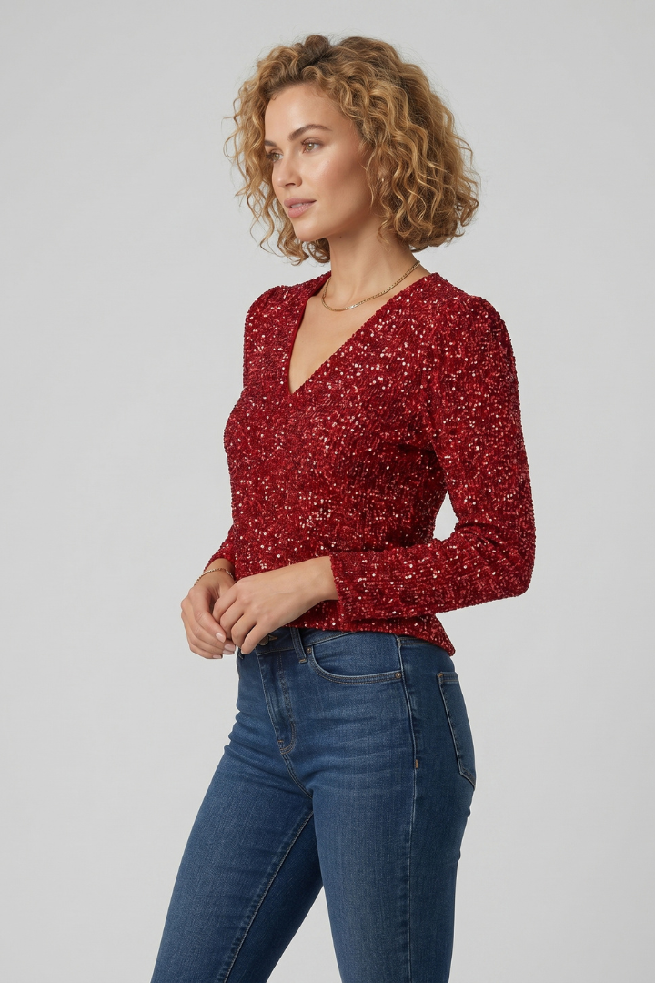 Ylva | Women’s Shimmer Textured V-Neck Long Sleeve Top - Loose Fit Elegant Casual Blouse
