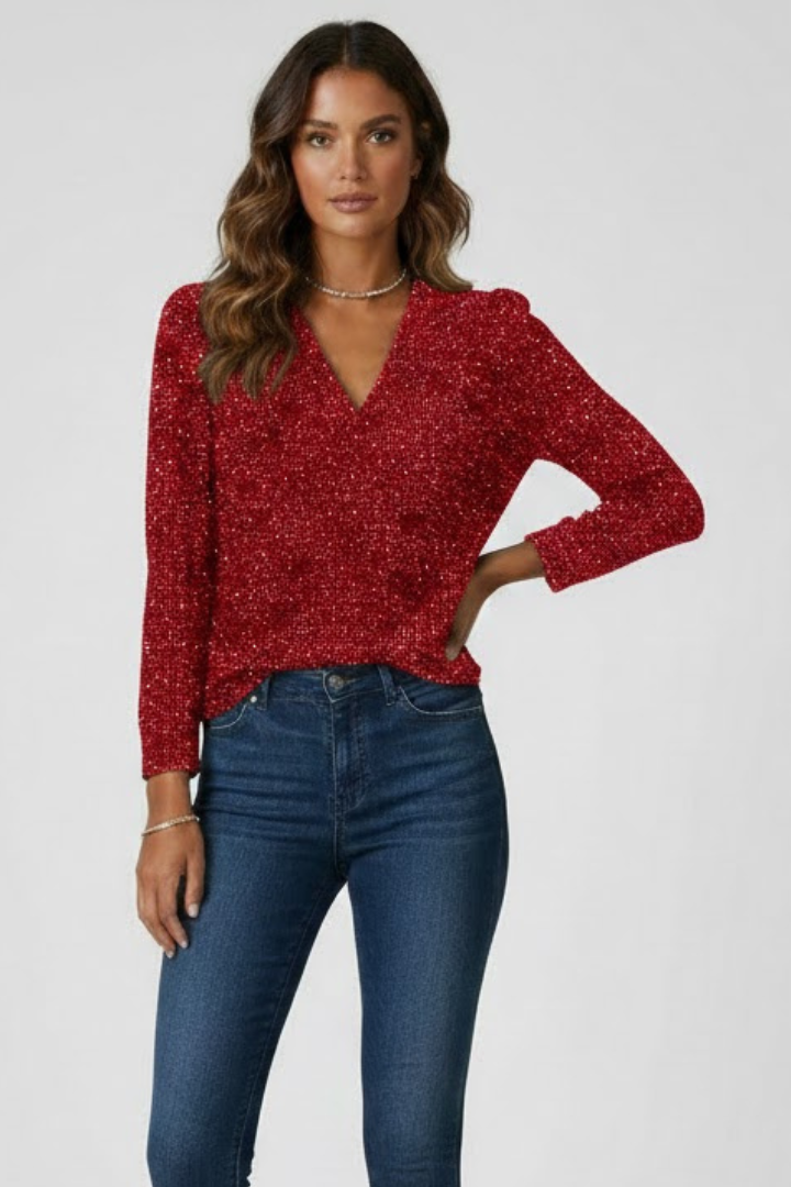 Ylva | Women’s Shimmer Textured V-Neck Long Sleeve Top - Loose Fit Elegant Casual Blouse