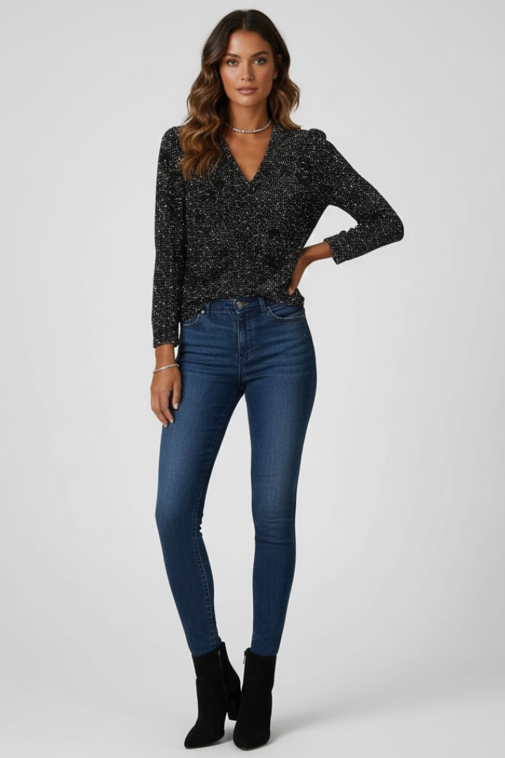 Ylva | Women’s Shimmer Textured V-Neck Long Sleeve Top - Loose Fit Elegant Casual Blouse