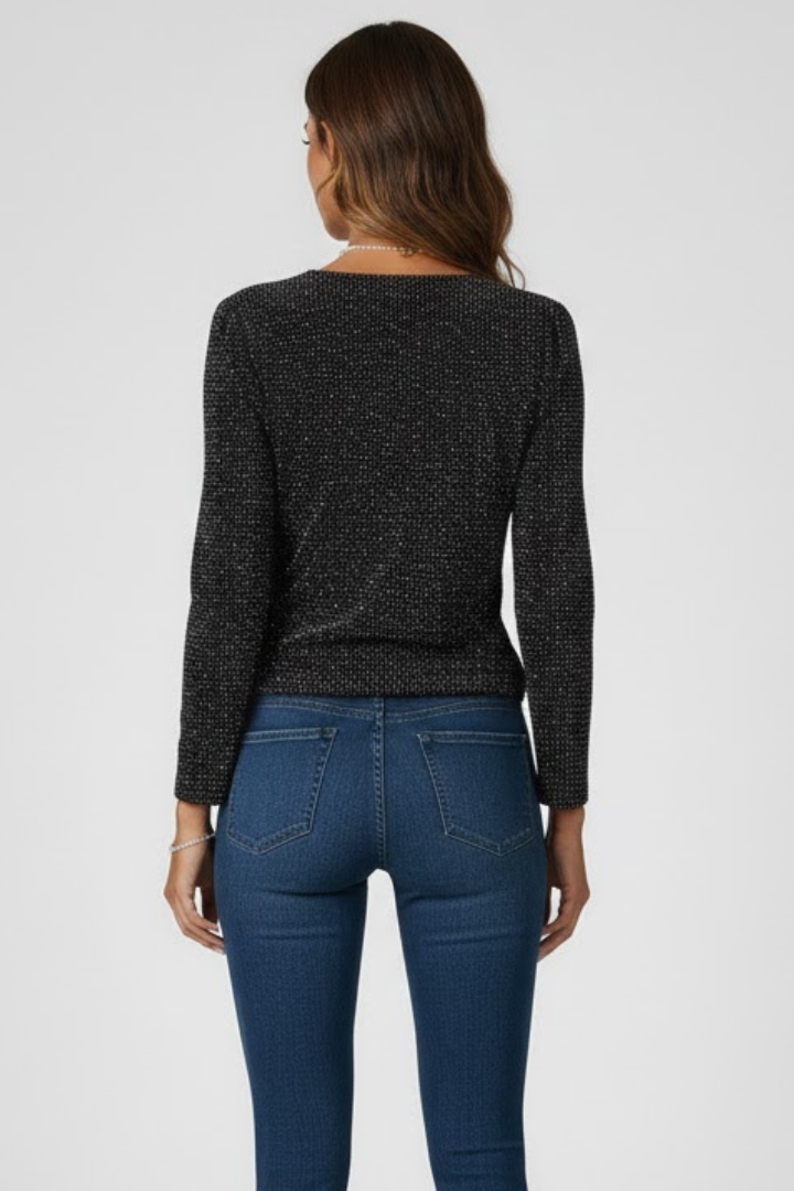 Ylva | Women’s Shimmer Textured V-Neck Long Sleeve Top - Loose Fit Elegant Casual Blouse