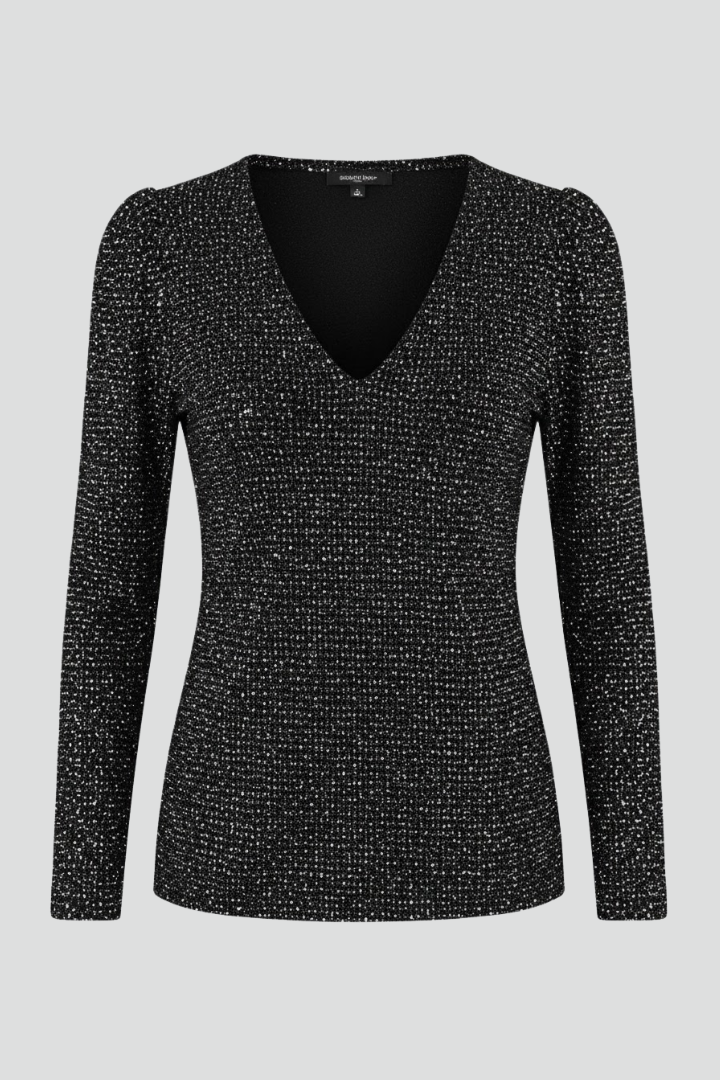 Ylva | Women’s Shimmer Textured V-Neck Long Sleeve Top - Loose Fit Elegant Casual Blouse