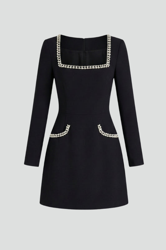 Yselle | Women’s Mini Dress – Square Neck Long Sleeve Trim Detail Dress