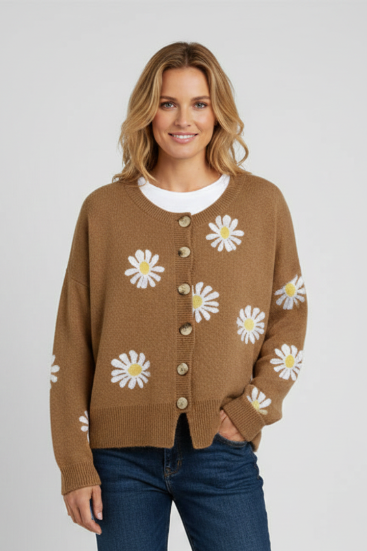 Ysmera | Women's Knit Cardigan – Daisy Pattern Button-Front Sweater with Long Sleeves